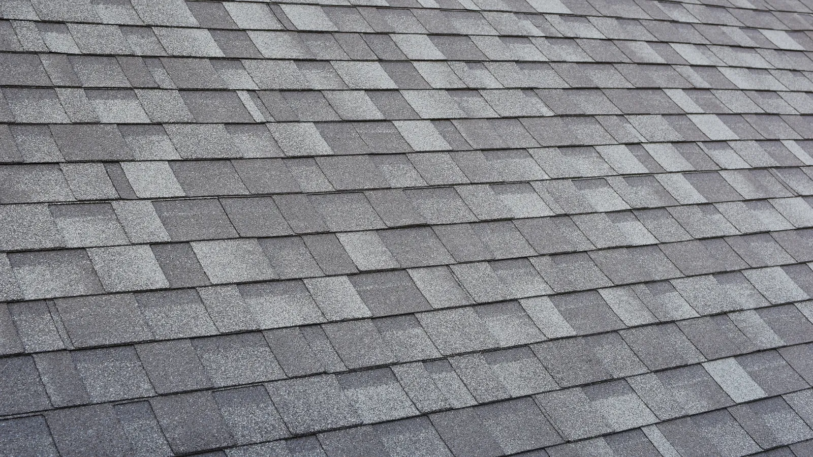 Gray architectural asphalt shingles covering a wide slope seen at an angle